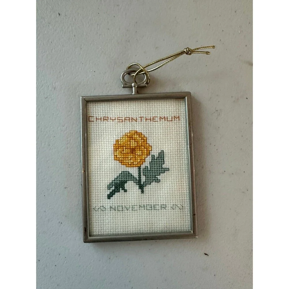 Vintage Plastic Framed Cross-Stitching Chrysanthemlim Flower November Ornament